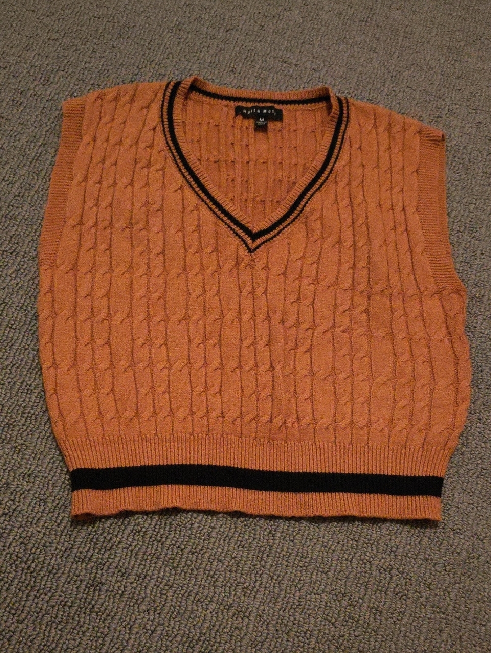 Haute Monde Brown Cable-Knit V-Neck Sweater Vest with Black Trim